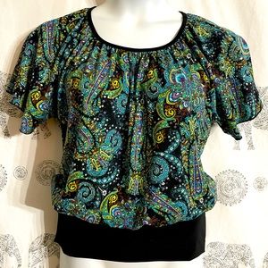Women’s Medium Passport boho paisley print cinch waist billowy blouse Green blue